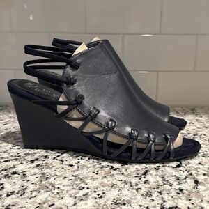 New York Transit Navy Blue‎ Wedge Sandals Size 10 Strappy Shoes Classic Dressy
